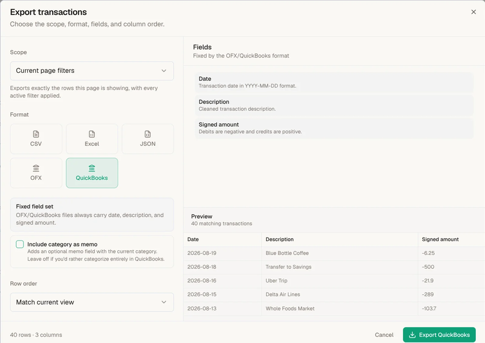 BankFlow export dialog showing scope set to Current page filters, format selection, the fixed OFX/QuickBooks field set, and a row preview